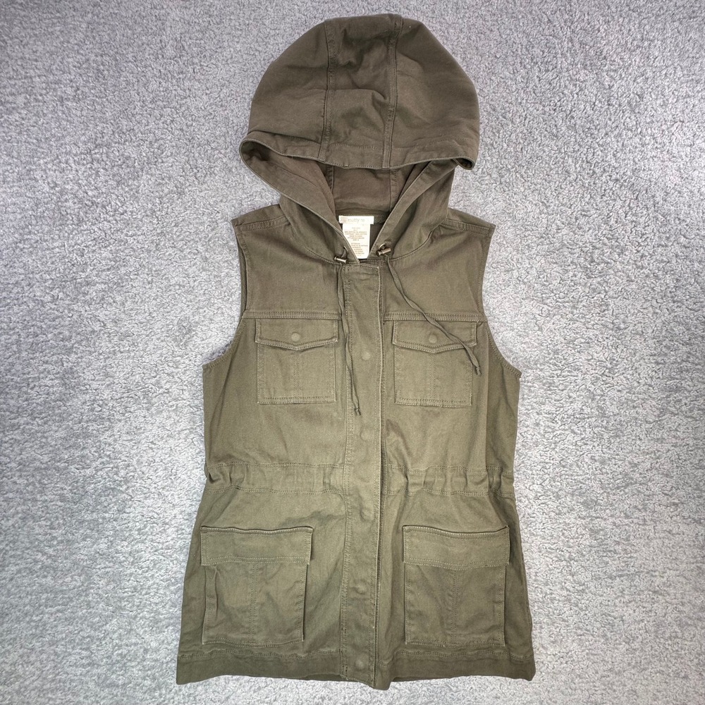 Matty M Womens Utility Vest Olive Green Hooded Cinched Waist Utility military Sm